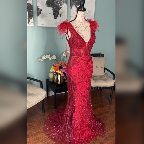 Portia & Scarlett feather red sparkly evening gown, formal dress or pageant gown - Picture 1 of 7